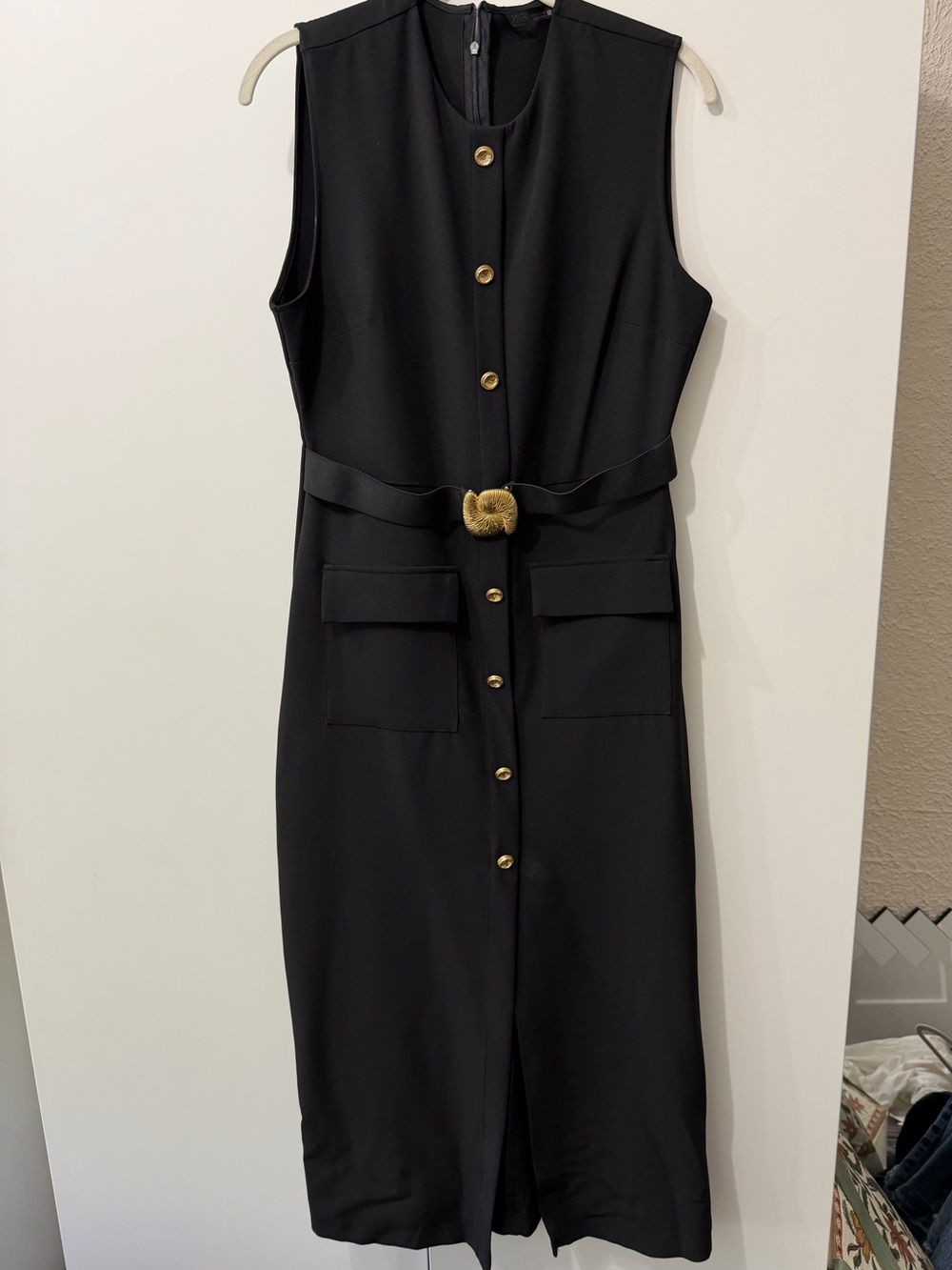 Zara Black Sleeveless Midi Dress with Gold Accents